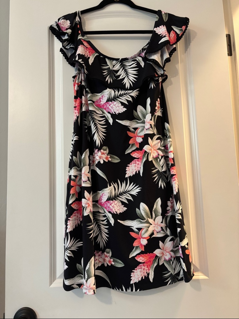 Tommy Bahama Black Tropical Floral Mini Dress with Pink & White Accents Size M